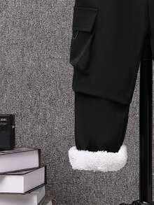 SHEIN Young Boy Slim-Fit Sports Plush Woven Cargo Pants - Black - View 5