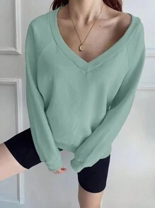 SHEIN Essnce Solid Raglan Sleeve V Neck Sweatshirt - Mint Green - View 3