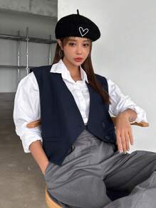 DAZY Solid Button Front Waistcoat Without Blouse,Fall Clothes Business Attire - Navy Blue - View 4