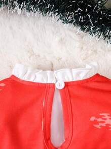 Baby Girl Christmas Print Contrast Lace Trim Dress - Red - View 10