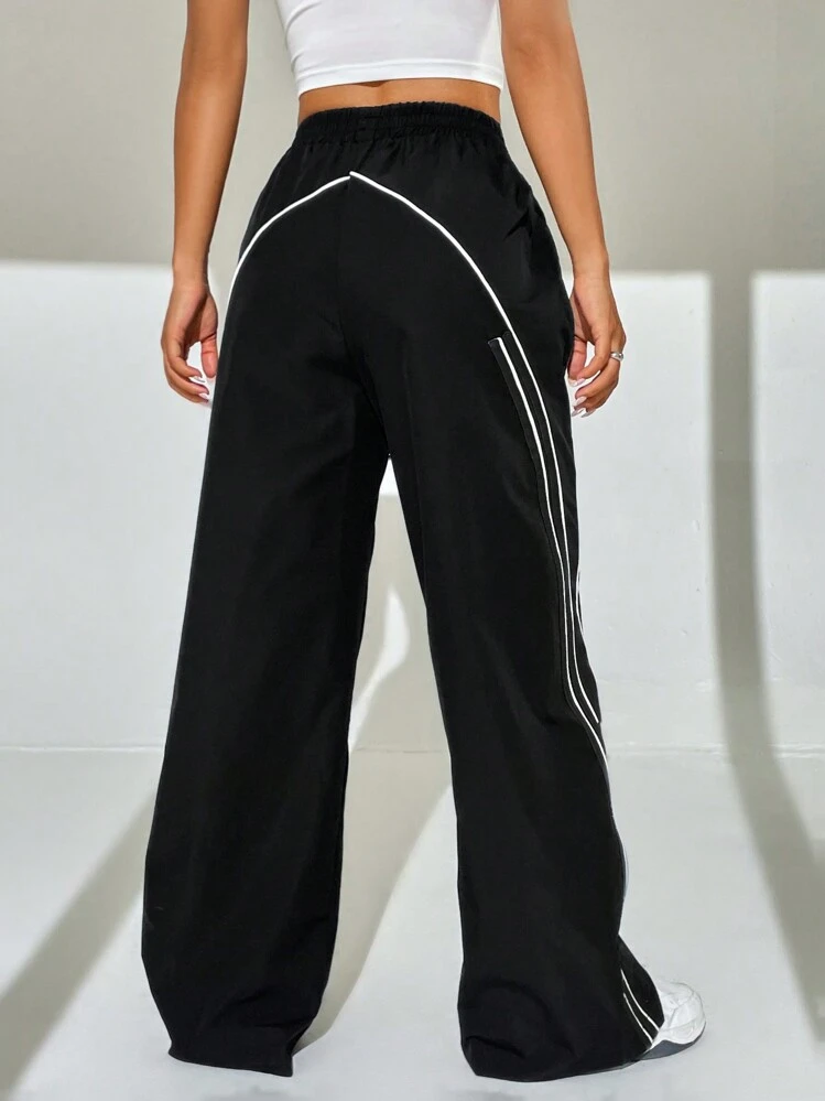 SHEIN EZwear Quần nữ Tương phản ràng buộc màu trơn Giải trí - màu đen - Xem 2