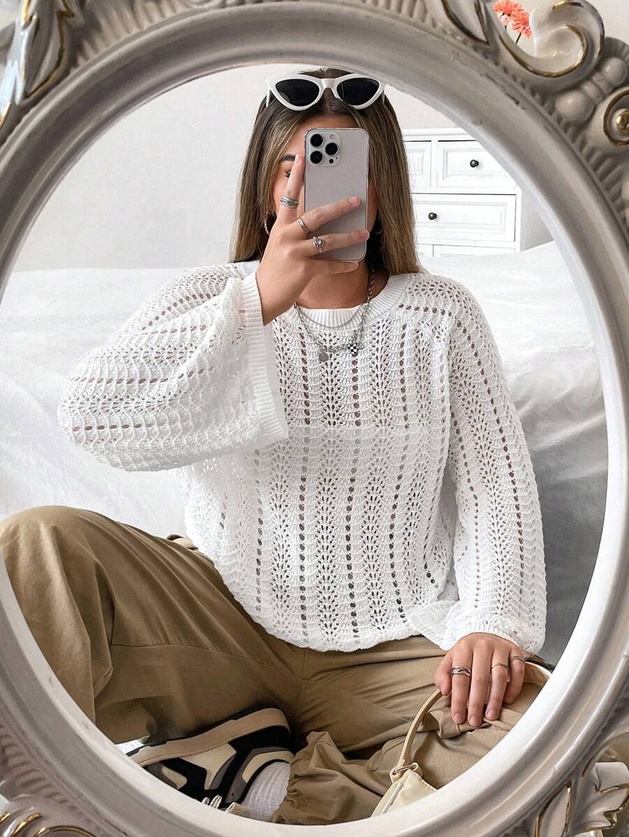 Flirla Plus Solid Pointelle Knit Sweater Knit Pullover Fall Winter Outfit - White - View 1