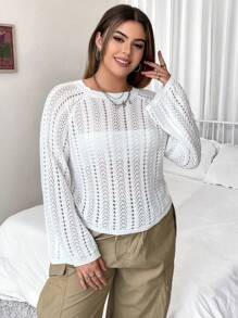 Flirla Plus Solid Pointelle Knit Sweater Knit Pullover Fall Winter Outfit - White - View 5