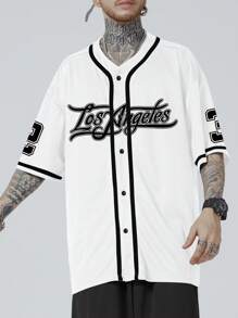 ROMWE MEN Prep Men Short Sleeve Baseball Shirt Contrast Trim Letter Print, School