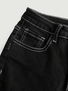 SHEIN Girlism Teen Girl Top-stitching Flare Leg Jeans - Black - View 3