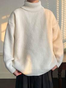 Men Turtleneck Drop Shoulder Sweater - White - View 1