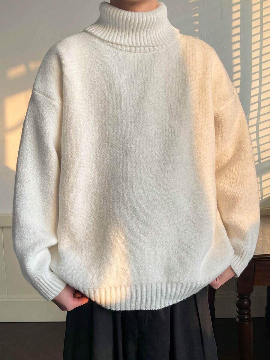 Men Turtleneck Drop Shoulder Sweater - White - View 1