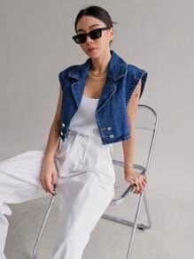 DAZY 蝙蝠袖雙排釦丹寧襯衫 - 深色水洗藍 - 查看 6