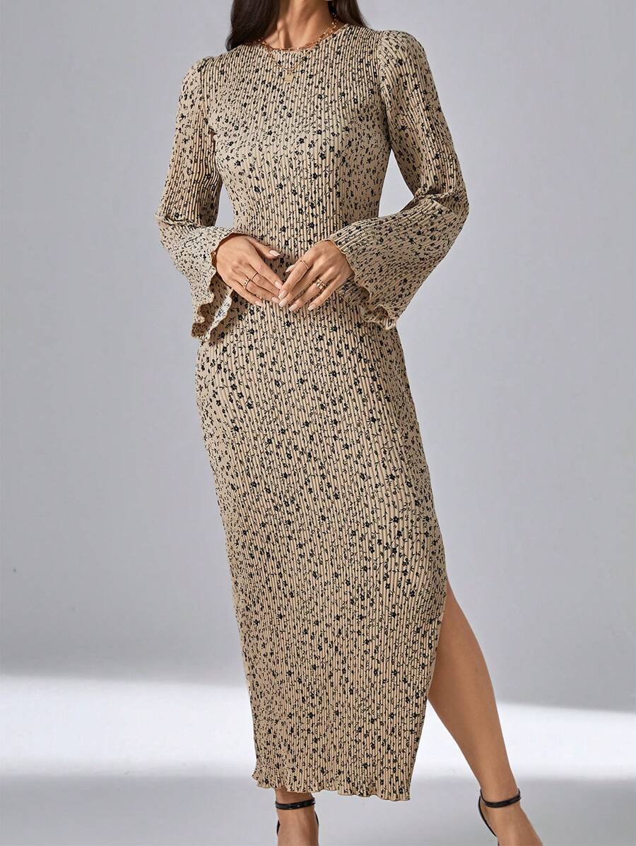 SHEIN Privé In hoa Ditsy Tay áo loe Tách đùi Đầm - Nhiều màu - Xem 1