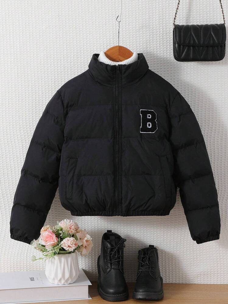 SHEIN Leap Crew מעיל מרופד עם רוכסן מכתב Tween Girl - שחור - ראה 4