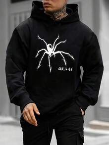 Men Spider And Letter Graphic Hoodie, For Halloween - Black - View 1