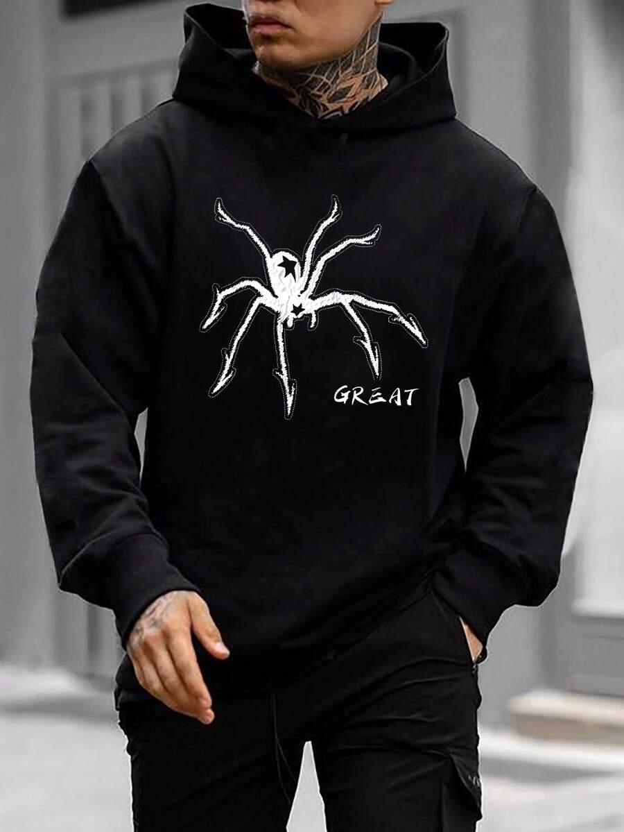 Men Spider And Letter Graphic Hoodie, For Halloween - Black - View 1