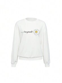 Floral & Letter Graphic Drop Shoulder Sweatshirt - White - View 1