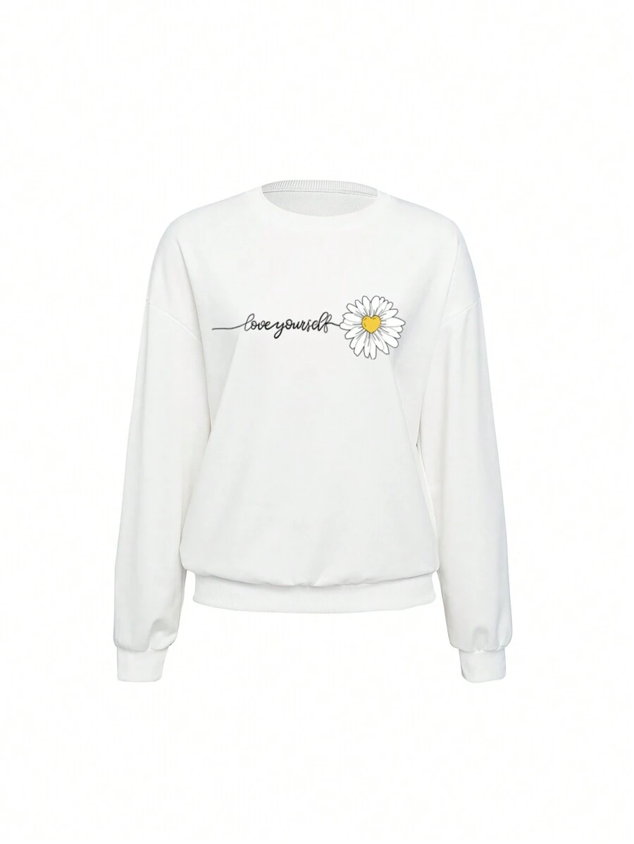 Floral & Letter Graphic Drop Shoulder Sweatshirt - White - View 1