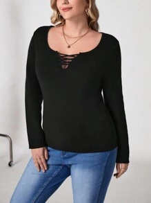 SHEIN Clasi Plus Crisscross Front Ribbed Knit Sweater - Black - View 3