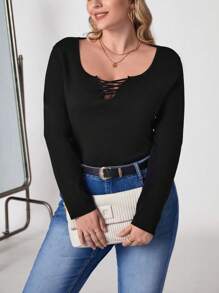 SHEIN Clasi Plus Crisscross Front Ribbed Knit Sweater - Black - View 4