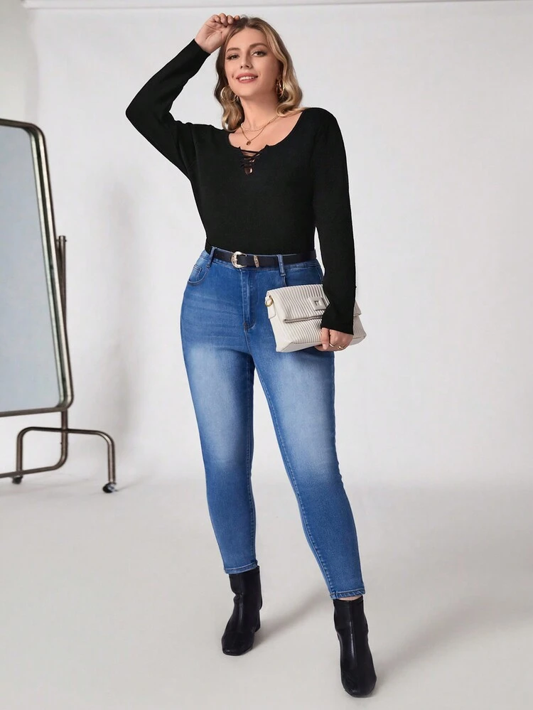 Plus Crisscross Front Ribbed Knit Sweater