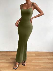 Zolique 素色魚尾裙下擺吊帶洋裝 - 綠色 - 查看 4