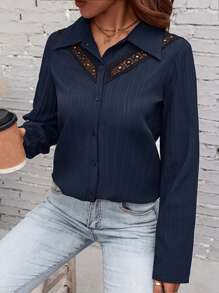 SHEIN LUNE Guipure Lace Insert Button Front Shirt - Navy Blue - View 4