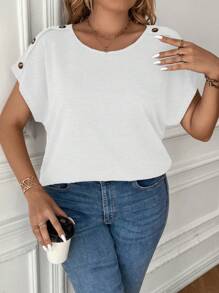 SHEIN Clasi Áo thun tay cánh dơi có chi tiết nút cộng - trắng - Xem 3
