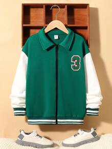 SHEIN Tween Boy Cartoon & Letter Graphic Two Tone Drop Shoulder Varsity Jacket - Multicolor - View 3