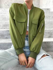 SHEIN Essnce Flap Pocket Drop Shoulder Bomber Jacket - Army Green - View 5