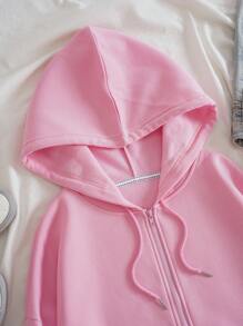 SHEIN EZwear 蝴蝶和字母圖案抽繩加絨內裏連帽衫 - 淺粉色 - 查看 3