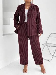 Calvaya Plus Pinstriped Print Blazer & Pants - Burgundy - View 3