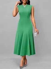 SHEIN Lady Solid A-line Dress - Green - View 5