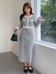 FRIFUL Plaid Print Contrast Trim Button Detail Dress - Black and White - View 5