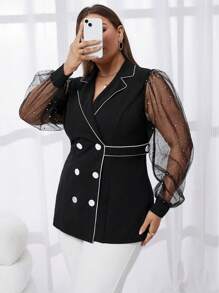 SHEIN Privé Plus Contrast Mesh Lantern Sleeve Double Breasted Contrast Binding Blazer - Black - View 1