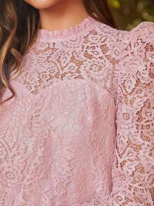 SHEIN Clasi Mock Neck Puff Sleeve Lace Top - Pink - View 7