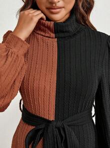 SHEIN Maternity Two Tone Mock Neck Belted Dress - Black - View 2