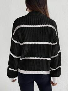 Celisse Striped Pattern Drop Shoulder Sweater,Long Sleeve Tops Knit Pullover Fall Winter Outfit - Black - View 2