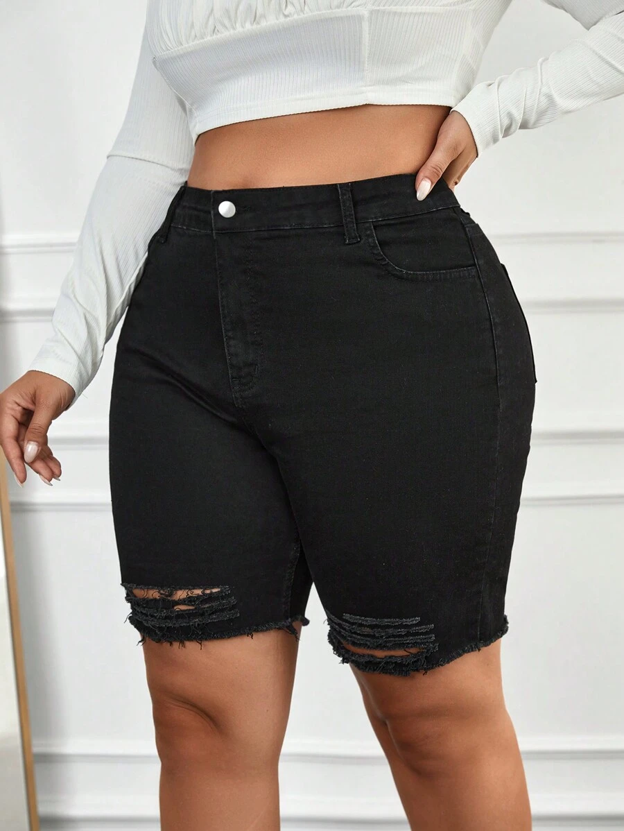 RueChic Plus Ripped Raw Hem Denim Shorts - Black - View 1