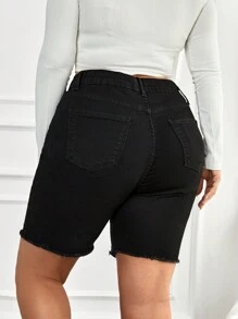 RueChic Plus Ripped Raw Hem Denim Shorts - Black - View 2