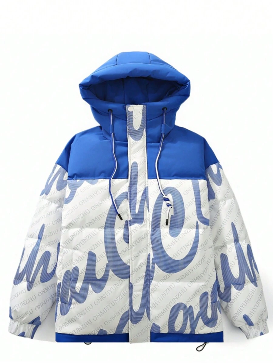 Hombres Abrigo con estampado de letra de color combinado con cordón con capucha - Azul y blanco - Ver 1