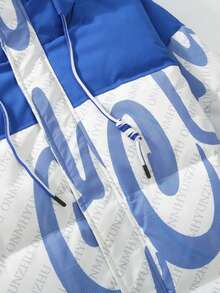 Hombres Abrigo con estampado de letra de color combinado con cordón con capucha - Azul y blanco - Ver 3