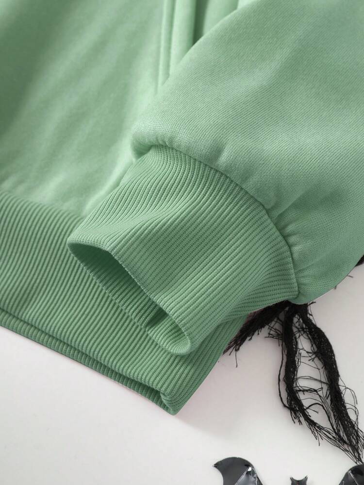SHEIN EZwear סלוגן ליל כל הקדושים גרפי כיס קנגורו שרוך קפוצ'ון מרופד תרמי - ירוק מנטה - ראה 3