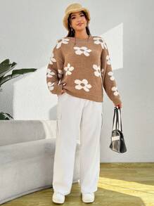 SHEIN EZwear 大碼花卉圖案落肩袖套頭毛衣 - 彩色 - 查看 5
