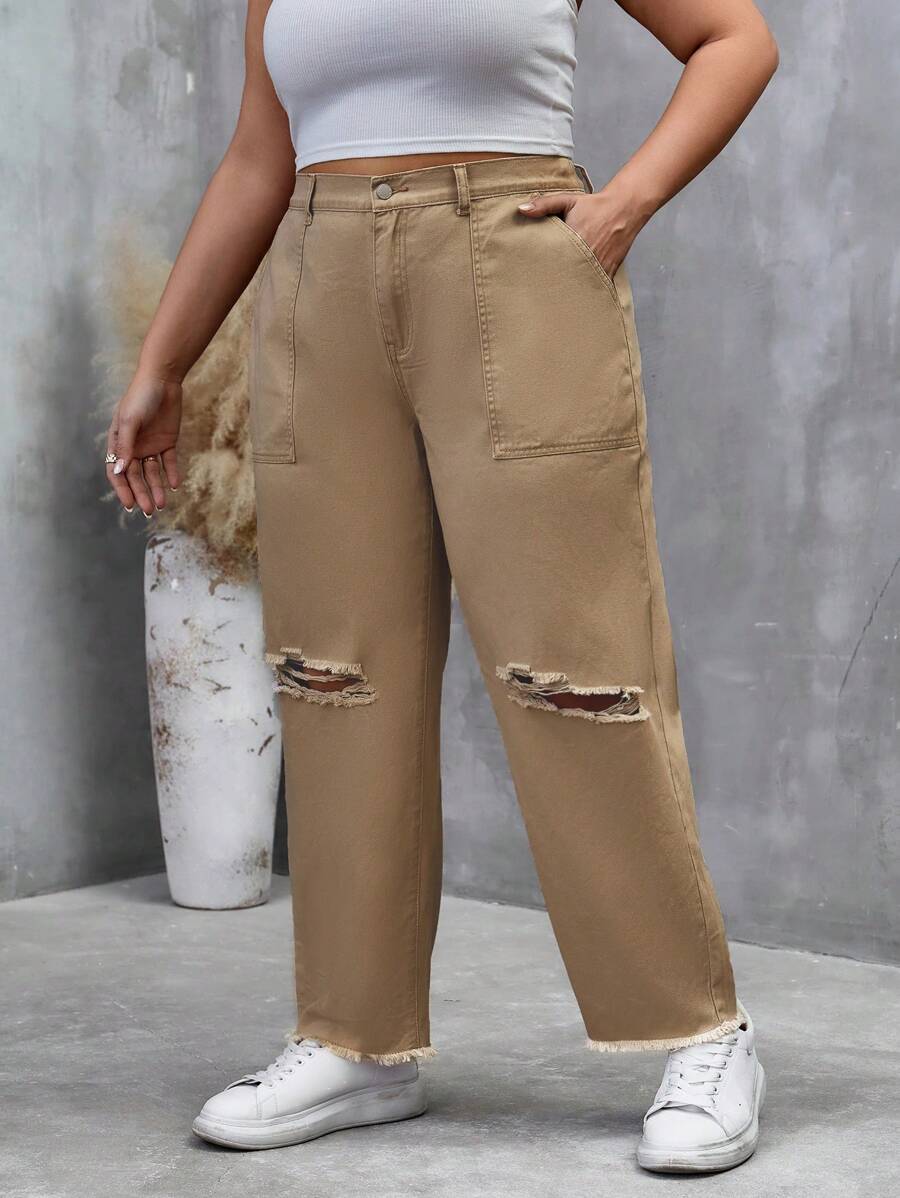 SHEIN LUNE Hơn Rách Cắt Thô Quần legging thẳng - Màu Khaki - Xem 1