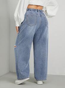 SHEIN EZwear 大碼高腰破洞直筒牛仔褲 - 藍色 - 查看 2