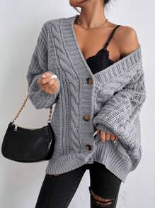 EMERY ROSE 素色前紐扣麻花編織開襟衫 - 灰色 - 查看 6