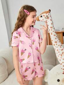 SHEIN 女大童冰淇淋印花西裝領睡衣套裝 - 淺粉色 - 查看 5