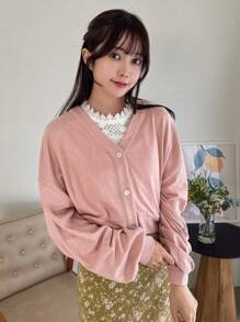 DAZY 落肩袖前紐扣運動衫 - 珊瑚粉 - 查看 11