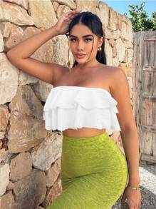 SHEIN SXY 素色荷葉邊抹胸上衣 - 白色 - 查看 5