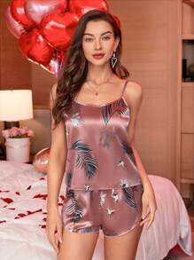 Bird & Tropical Print Satin Sleep Cami Top & Sleep Shorts - Redwood - View 6