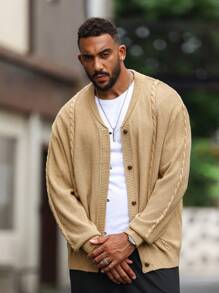 Manfinity Homme Men Solid Cable Knit Button Up Cardigan - Brown - View 3