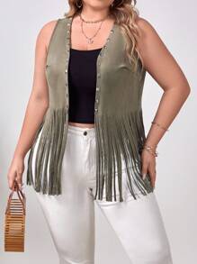 SHEIN VCAY 大碼鉚釘細節流蘇下擺無袖夾克 - 綠色 - 查看 3