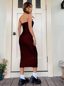 SHEIN EZwear 木耳邊抹胸緊身連衣裙 - 紅色 - 查看 2